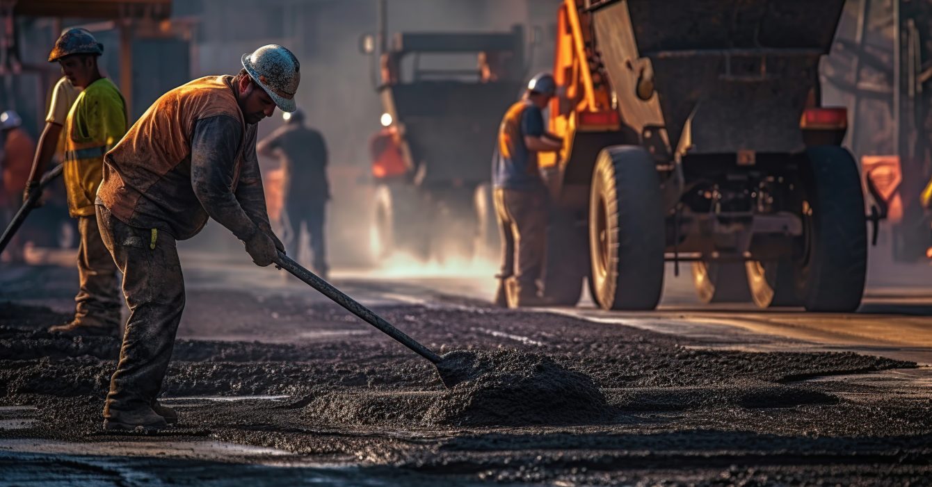 civil engineer and construction worker working on asphalt